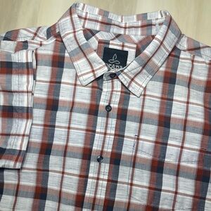 PrAna Shirt Men's Sz XL Button Up Short Sleeve Pocket Orange Organic Cotton